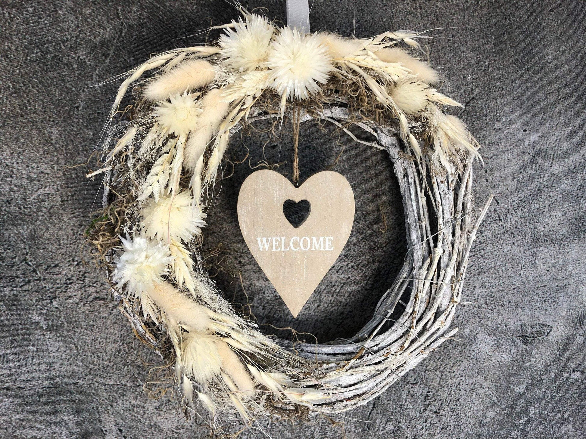 Türkranz Kranz Türschmuck Welcome Herz Gräser Herbst Herbstlich Trockenblumen Trockenmaterial Natur natürlich dried bouquet dried Flowers – handgemacht aus Seiden- und Kunstblumen, langlebig & pflegeleicht von SarahsFlowerStudio