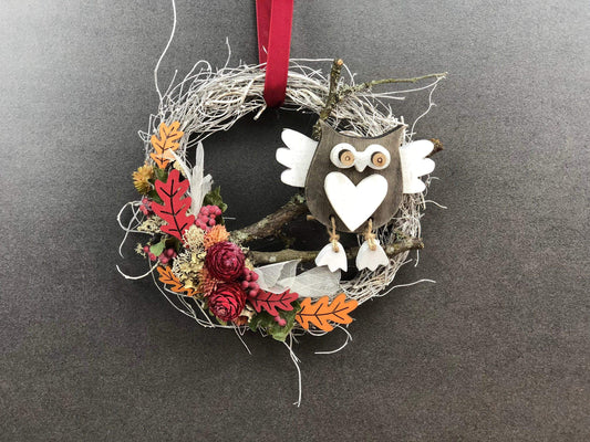 Türkranz 22cm Türdeko Türschmuck Eule Modern Tür Schmuck Herbst herbstlich ganzjährig Herbst – handgemacht aus Seiden- und Kunstblumen, langlebig & pflegeleicht von SarahsFlowerStudio
