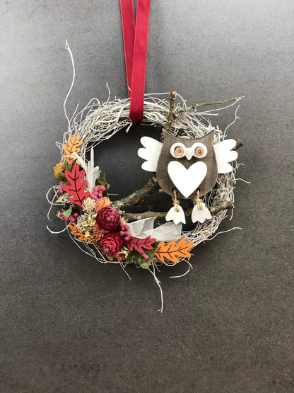 Türkranz 22cm Türdeko Türschmuck Eule Modern Tür Schmuck Herbst herbstlich ganzjährig Herbst – handgemacht aus Seiden- und Kunstblumen, langlebig & pflegeleicht von SarahsFlowerStudio