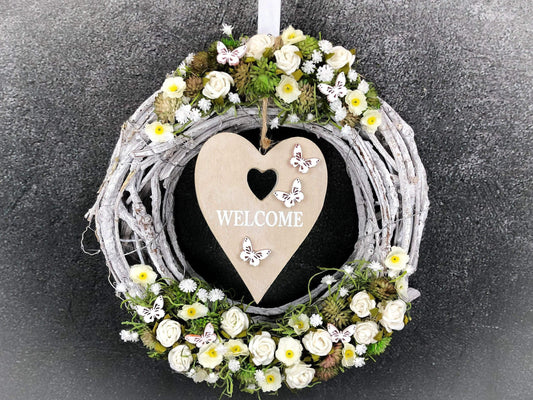 Türkranz Türdeko Türschmuck Herz Welcome Modern ganzjährig Tür Schmuck Herbst – handgemacht aus Seiden- und Kunstblumen, langlebig & pflegeleicht von SarahsFlowerStudio