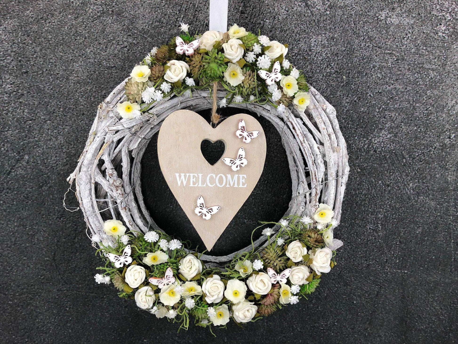 Türkranz Türdeko Türschmuck Herz Welcome Modern ganzjährig Tür Schmuck Herbst – handgemacht aus Seiden- und Kunstblumen, langlebig & pflegeleicht von SarahsFlowerStudio