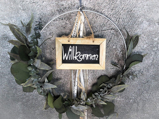 Türkranz Tafel Willkommen Herbst Kranz Ring Eukalyptus Wandkranz Trockenblumen Natur natürlich Hoop Herbst Herbstlich – handgemacht aus Seiden- und Kunstblumen, langlebig & pflegeleicht von SarahsFlowerStudio