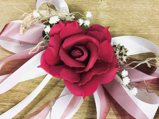 2 Autoschleifen für Seitenspiegel Kirchenbank in Wunschfarbe große Schleife Dekoration Rose – handgemacht aus Seiden- und Kunstblumen, langlebig & pflegeleicht von SarahsFlowerStudio