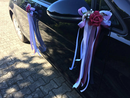 2 Autoschleifen für Seitenspiegel Kirchenbank in Wunschfarbe große Schleife Dekoration Rose – handgemacht aus Seiden- und Kunstblumen, langlebig & pflegeleicht von SarahsFlowerStudio