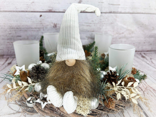 Adventskranz Gläser Wichtel Samt Kugel Sterne Draht Tanne Haltbar Künstlich – handgemacht aus Seiden- und Kunstblumen, langlebig & pflegeleicht von SarahsFlowerStudio