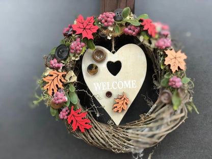 Türkranz 22cm Türdeko Türschmuck Herz Welcome Modern Tür Schmuck Herbst herbstlich ganzjährig Herbst – handgemacht aus Seiden- und Kunstblumen, langlebig & pflegeleicht von SarahsFlowerStudio