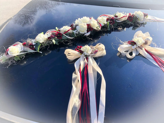Autoschmuck Set 3 Teilig Gesteck und Schleifen Autodekoration Hochzeit Rose Efeu Schleife Schleifen Dekoration Hochzeit – handgemacht aus Seiden- und Kunstblumen, langlebig & pflegeleicht von SarahsFlowerStudio