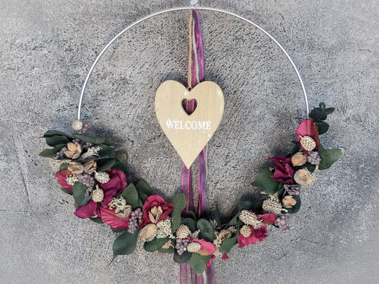 Türkranz Welcome Herz Kranz Ring Eukalyptus Hortensie Zapfen Wandkranz Trockenblumen Natur natürlich Hoop Herbst Herbstlich – handgemacht aus Seiden- und Kunstblumen, langlebig & pflegeleicht von SarahsFlowerStudio