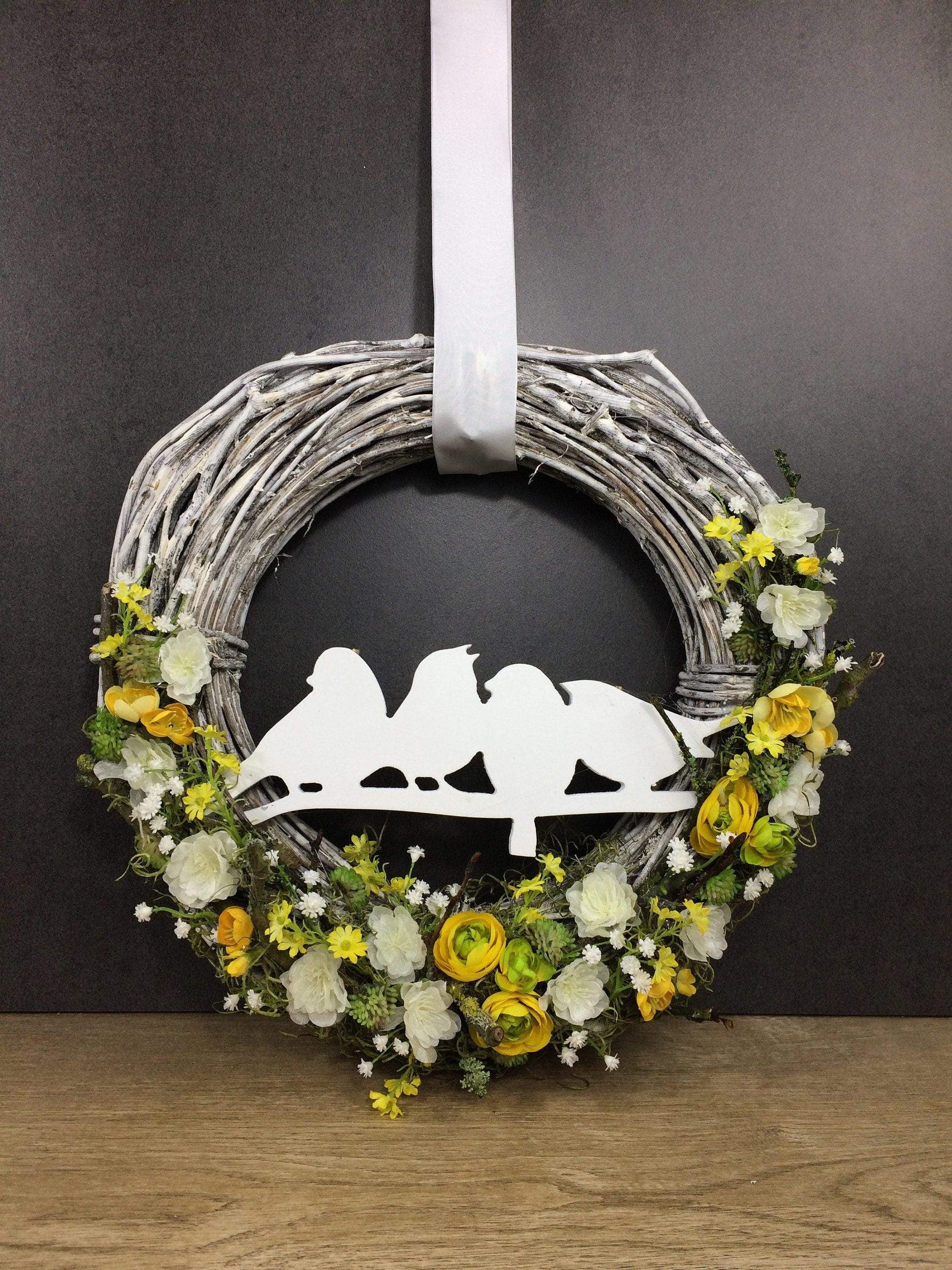Türkranz 35cm Türdeko Türschmuck Vogel Vögel Hortensie Rosen Schleierkraut ZweigeModern ganzjährig Tür Schmuck Herbst – handgemacht aus Seiden- und Kunstblumen, langlebig & pflegeleicht von SarahsFlowerStudio