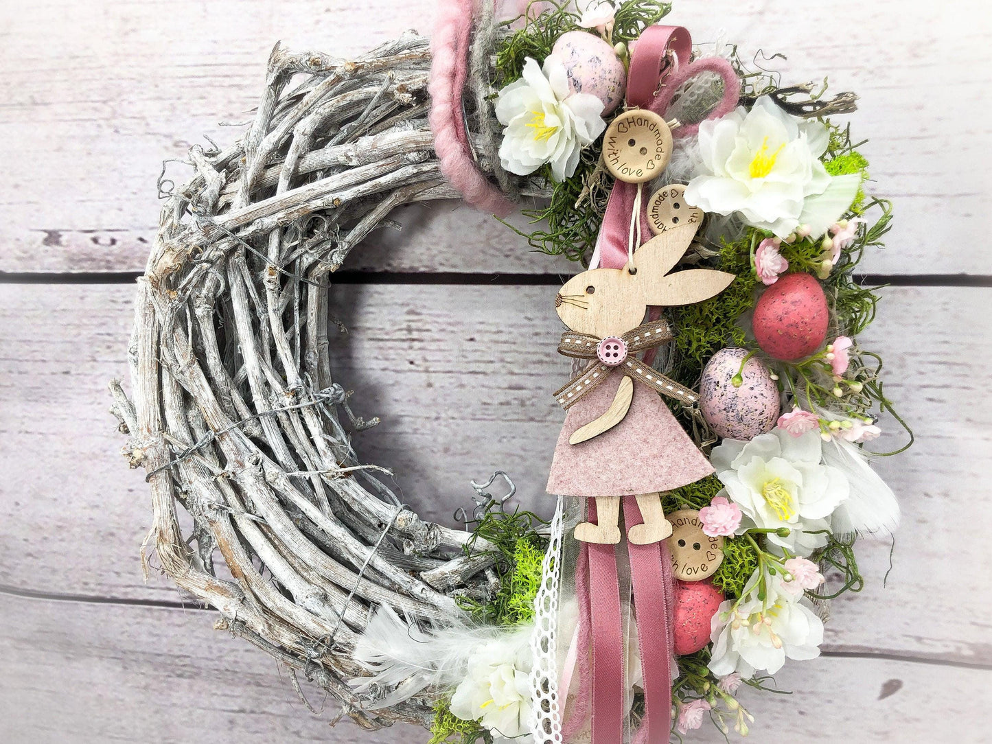 Türkranz Frühlling Hasen & Schleierkraut – Osterkranz Seidenblumen Türdeko – Türkranz – SarahsFlowerStudio
