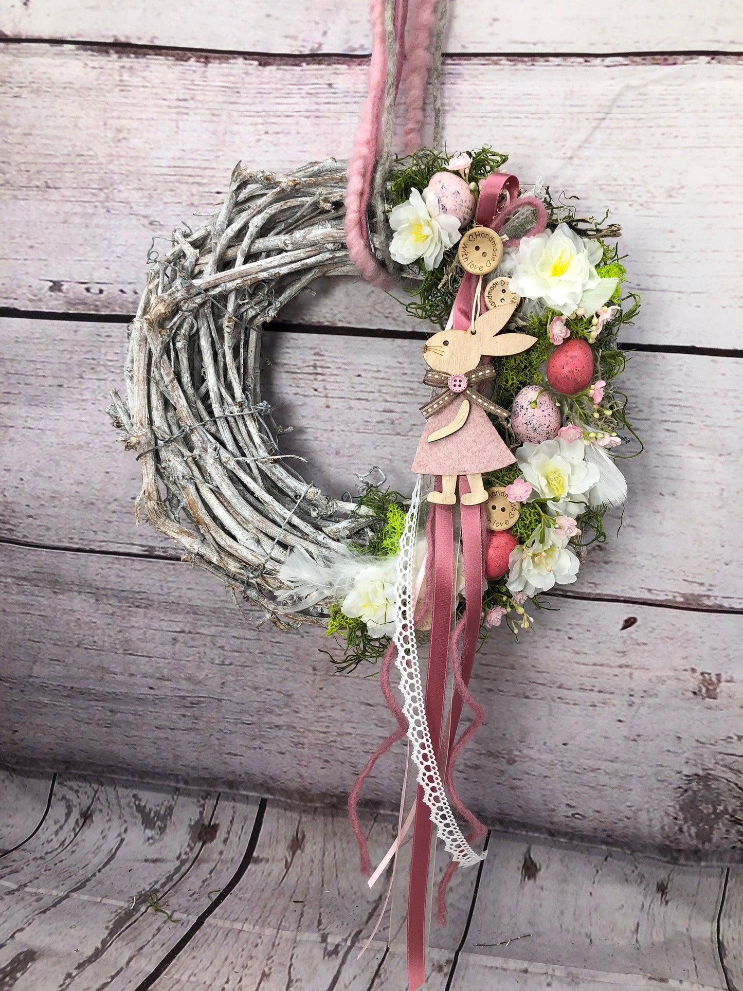 Türkranz Frühlling Hasen & Schleierkraut – Osterkranz Seidenblumen Türdeko – Türkranz – SarahsFlowerStudio