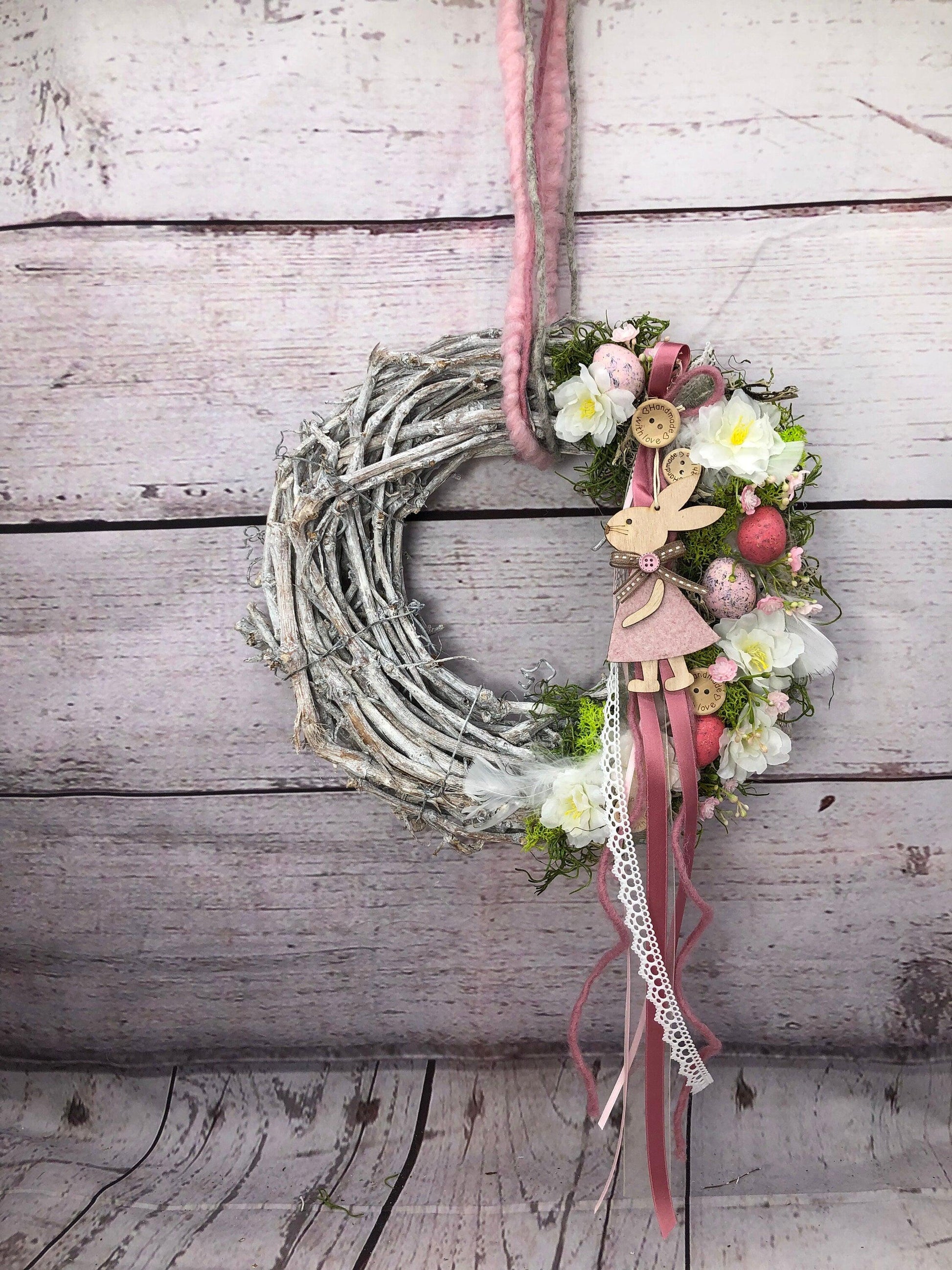 Türkranz Frühlling Hasen & Schleierkraut – Osterkranz Seidenblumen Türdeko – Türkranz – SarahsFlowerStudio