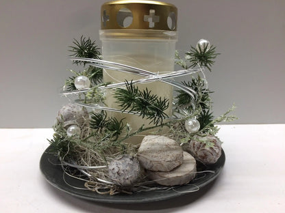 Grabgesteck Florales Windlicht Allerheiligen mit Kerze 20cm Grabdeko Grabdekoration – handgemacht aus Seiden- und Kunstblumen, langlebig & pflegeleicht von SarahsFlowerStudio
