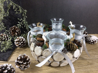 Adventskranz Wunschfarbe Hirsch Zapfen Birke Wunschfarbe Teelicht Anis Zimt – handgemacht aus Seiden- und Kunstblumen, langlebig & pflegeleicht von SarahsFlowerStudio