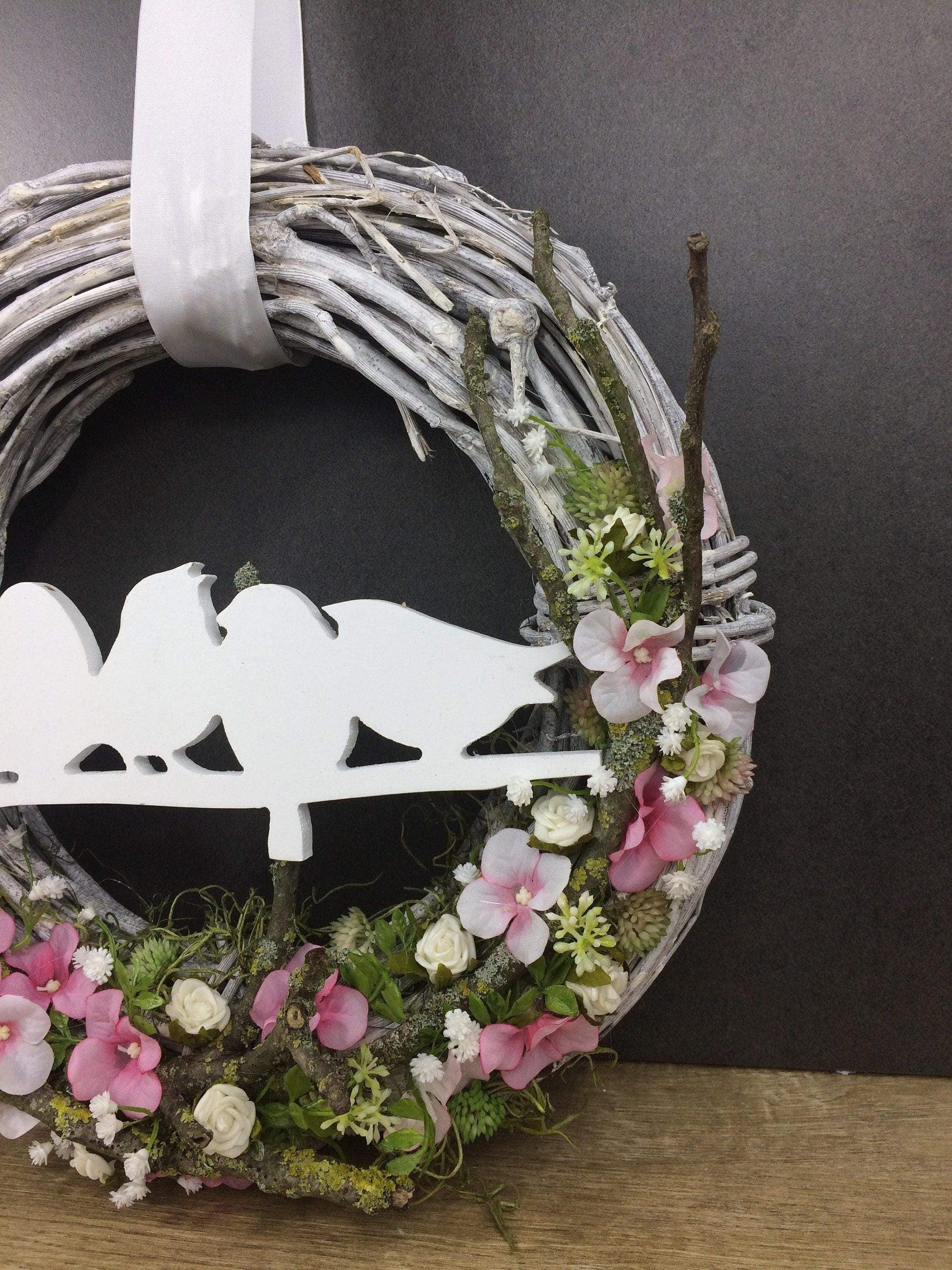 Türkranz 35cm Türdeko Türschmuck Vogel Vögel Hortensie Rosen Schleierkraut ZweigeModern ganzjährig Tür Schmuck Herbst – handgemacht aus Seiden- und Kunstblumen, langlebig & pflegeleicht von SarahsFlowerStudio