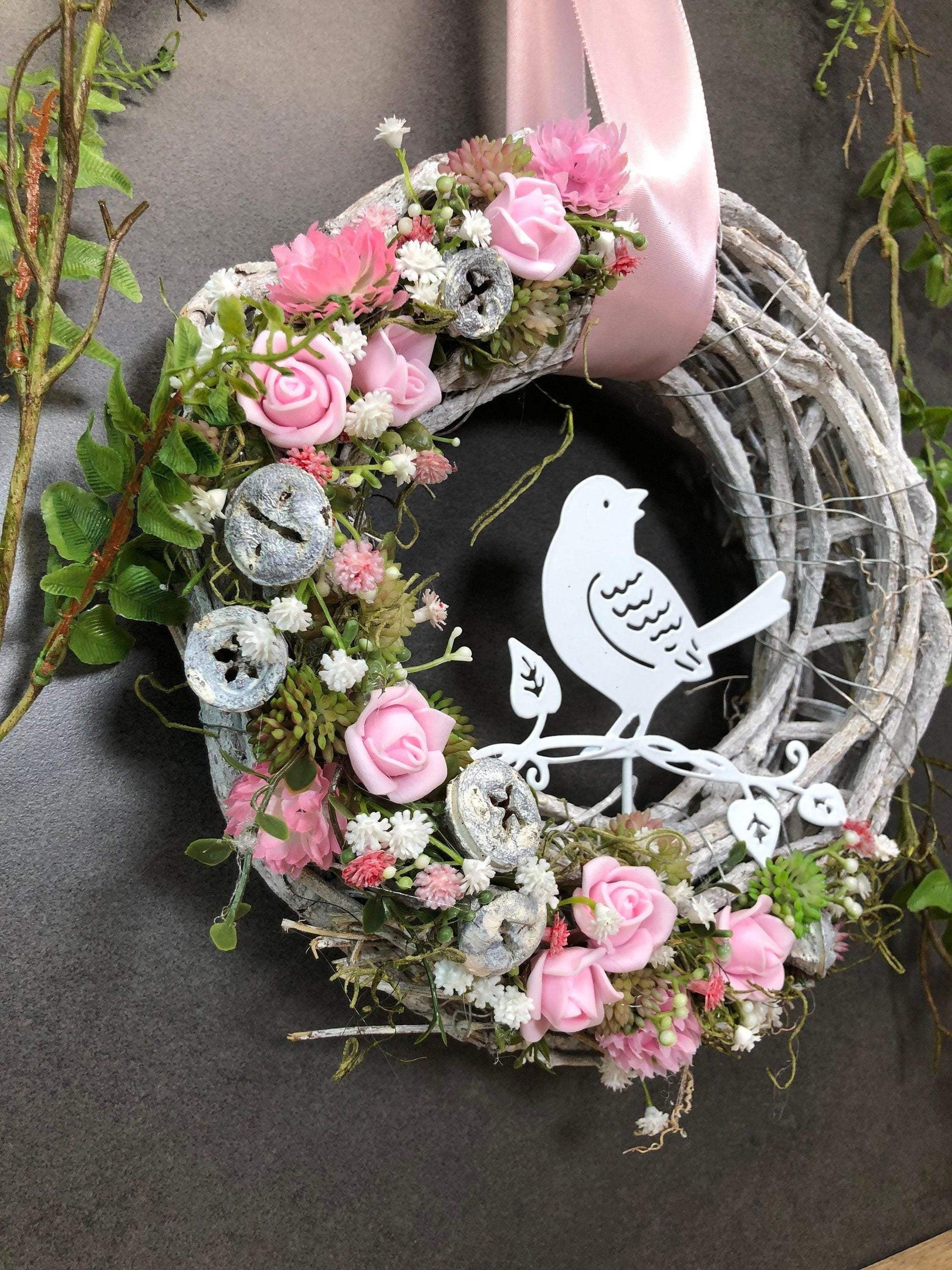Türkranz Türdeko Türschmuck Modern Ganzjährig Vögel Vogel Rose Schleierkraut Band Tür Schmuck Herbst – handgemacht aus Seiden- und Kunstblumen, langlebig & pflegeleicht von SarahsFlowerStudio