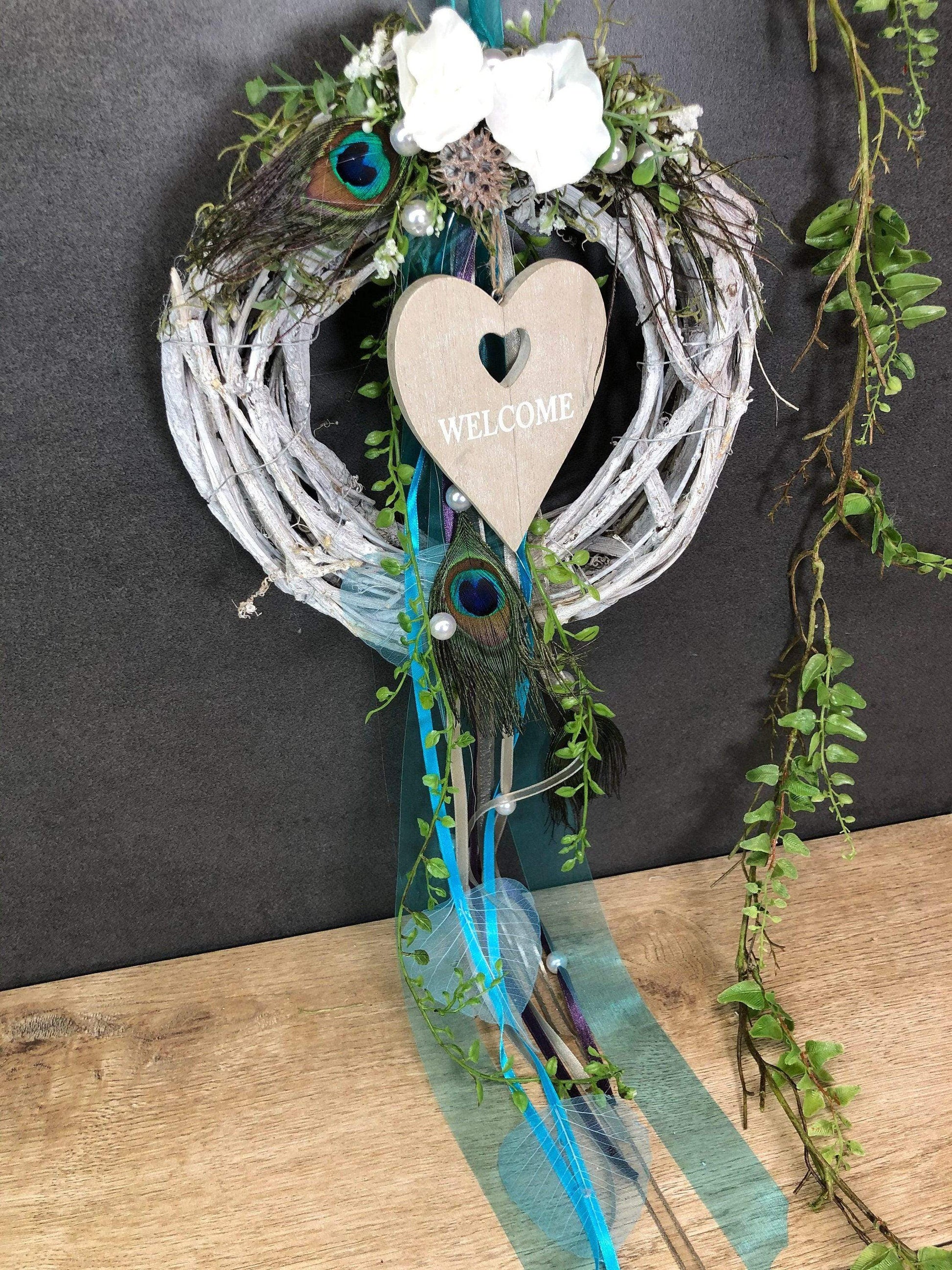 Türkranz Türdeko Türschmuck Modern Ganzjährig Pfauenfeder Pfau Pfauenauge Tür Schmuck Herbst – handgemacht aus Seiden- und Kunstblumen, langlebig & pflegeleicht von SarahsFlowerStudio