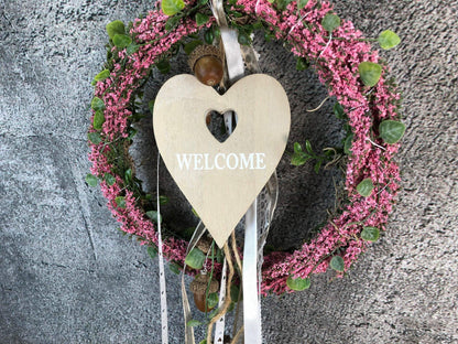 Türkranz Heide Erika Herz Welcome Herbst Herbstlich Türschmuck Modern Wunschfarbe Wunschgröße Tür Schmuck ganzjährig – handgemacht aus Seiden- und Kunstblumen, langlebig & pflegeleicht von SarahsFlowerStudio