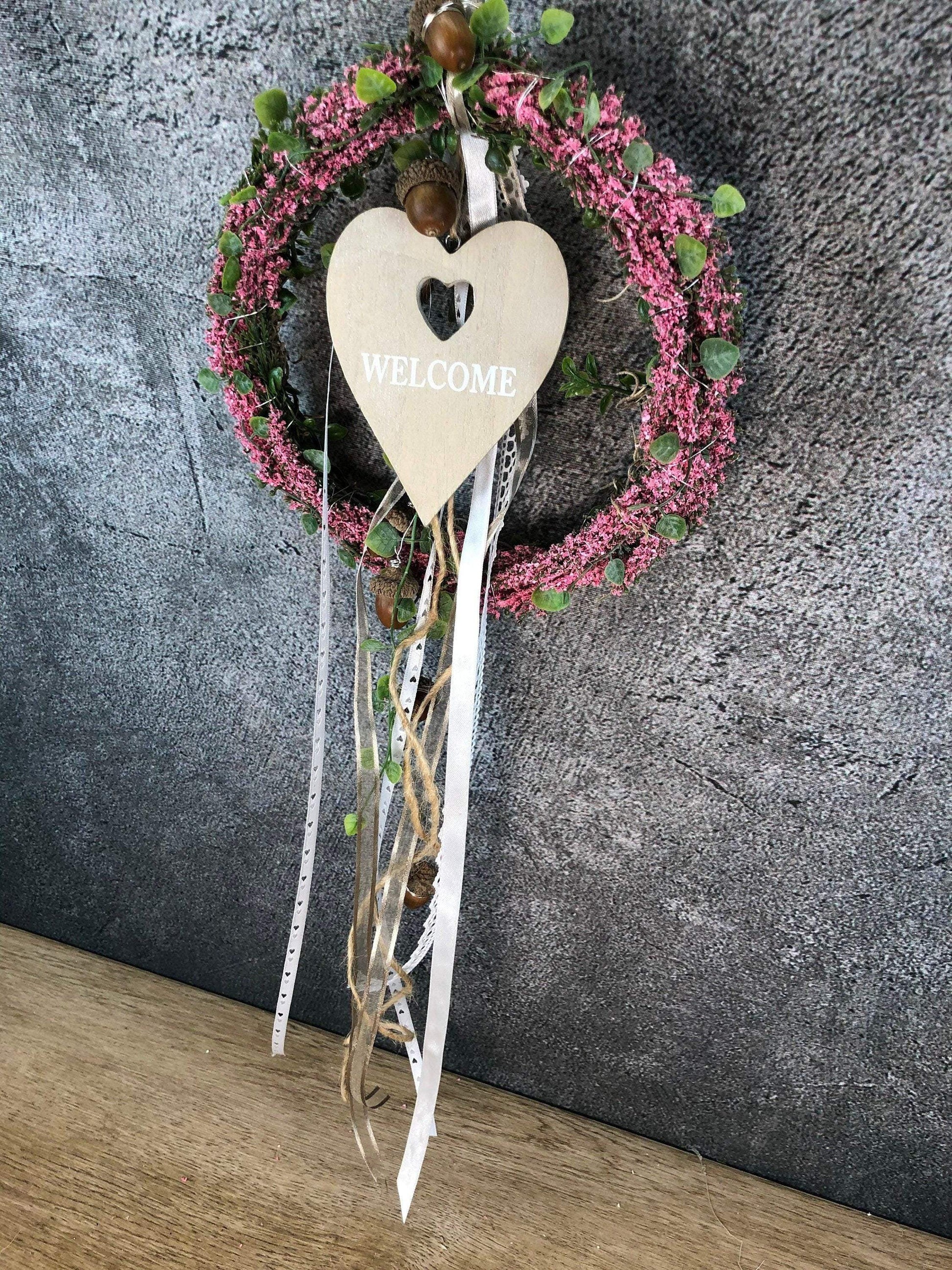 Türkranz Heide Erika Herz Welcome Herbst Herbstlich Türschmuck Modern Wunschfarbe Wunschgröße Tür Schmuck ganzjährig – handgemacht aus Seiden- und Kunstblumen, langlebig & pflegeleicht von SarahsFlowerStudio