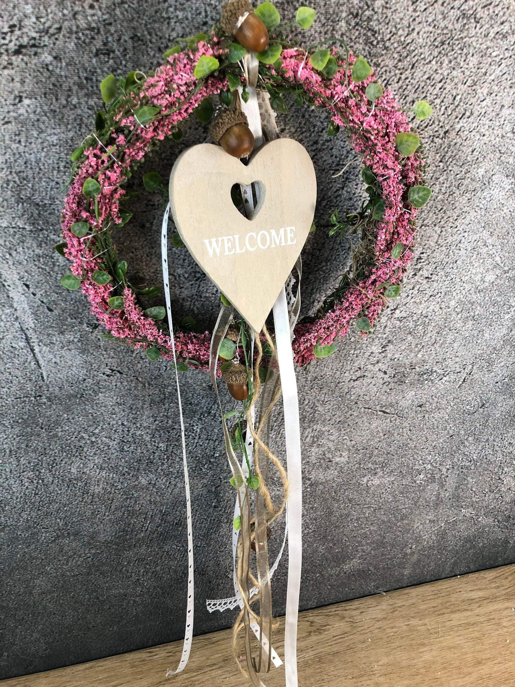 Türkranz Heide Erika Herz Welcome Herbst Herbstlich Türschmuck Modern Wunschfarbe Wunschgröße Tür Schmuck ganzjährig – handgemacht aus Seiden- und Kunstblumen, langlebig & pflegeleicht von SarahsFlowerStudio