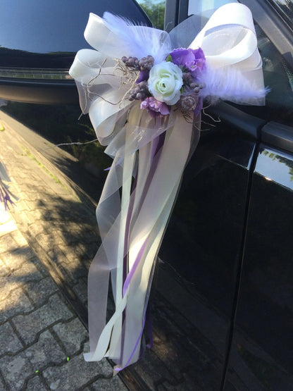 2 Autoschleifen für Seitenspiegel Kirchenbank in Wunschfarbe große Schleife Dekoration Rose – handgemacht aus Seiden- und Kunstblumen, langlebig & pflegeleicht von SarahsFlowerStudio