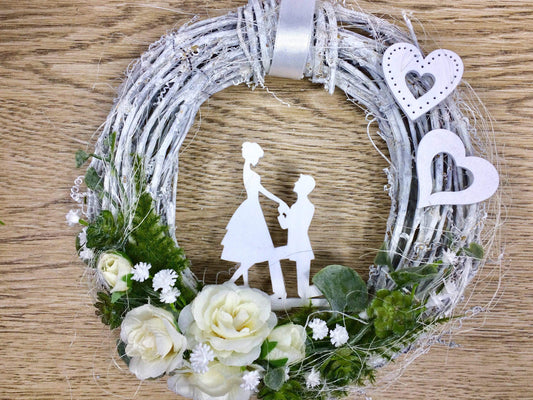 Türkranz 20cm Türdeko Türschmuck Hochzeit Rosen Schleierkraut Hochzeitspaar Weiß SukkulentenModern ganzjährig Tür Schmuck Herbst – handgemacht aus Seiden- und Kunstblumen, langlebig & pflegeleicht von SarahsFlowerStudio
