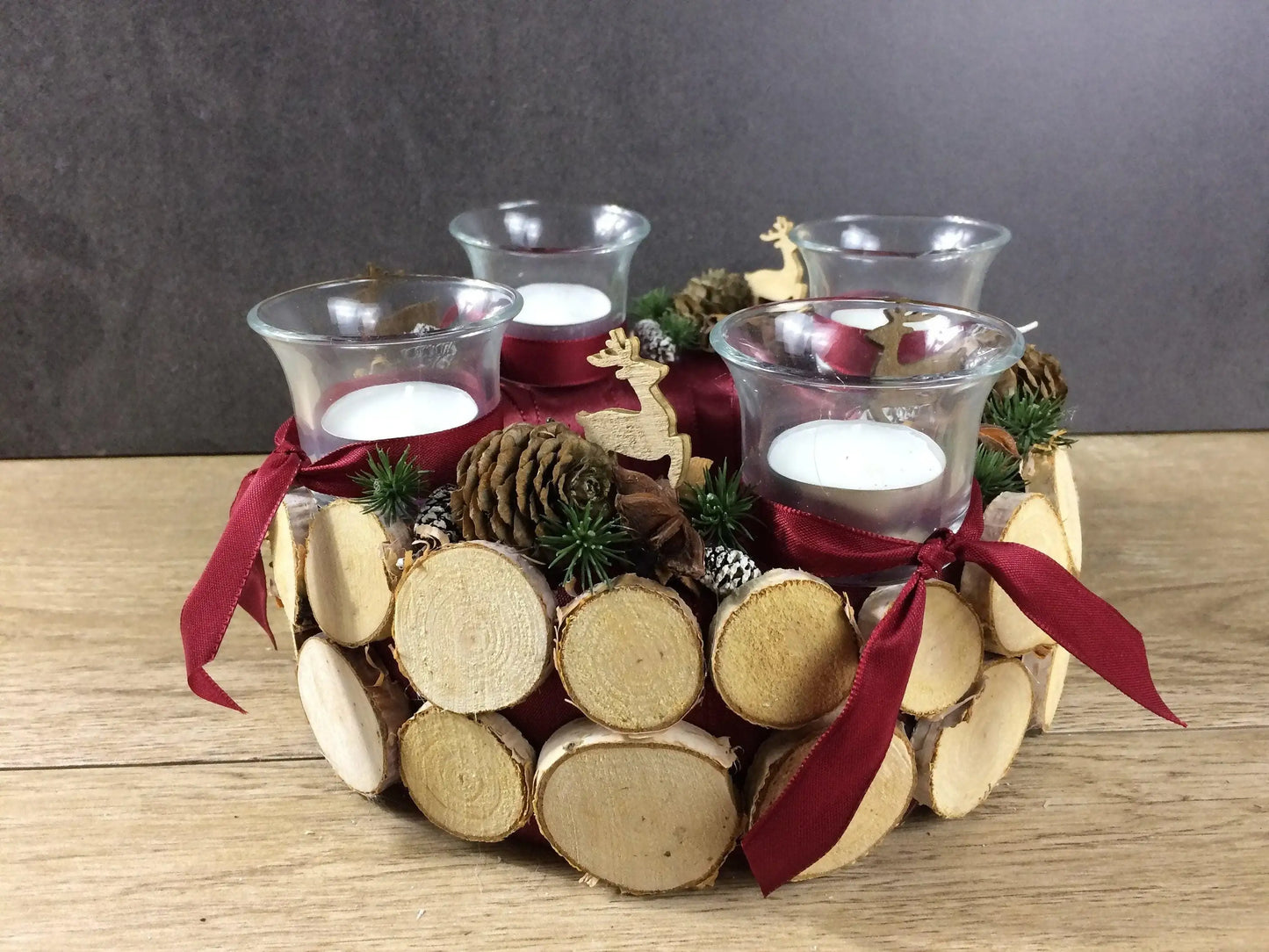 Adventskranz Wunschfarbe Hirsch Zapfen Birke Wunschfarbe Teelicht Anis Zimt – handgemacht aus Seiden- und Kunstblumen, langlebig & pflegeleicht von SarahsFlowerStudio