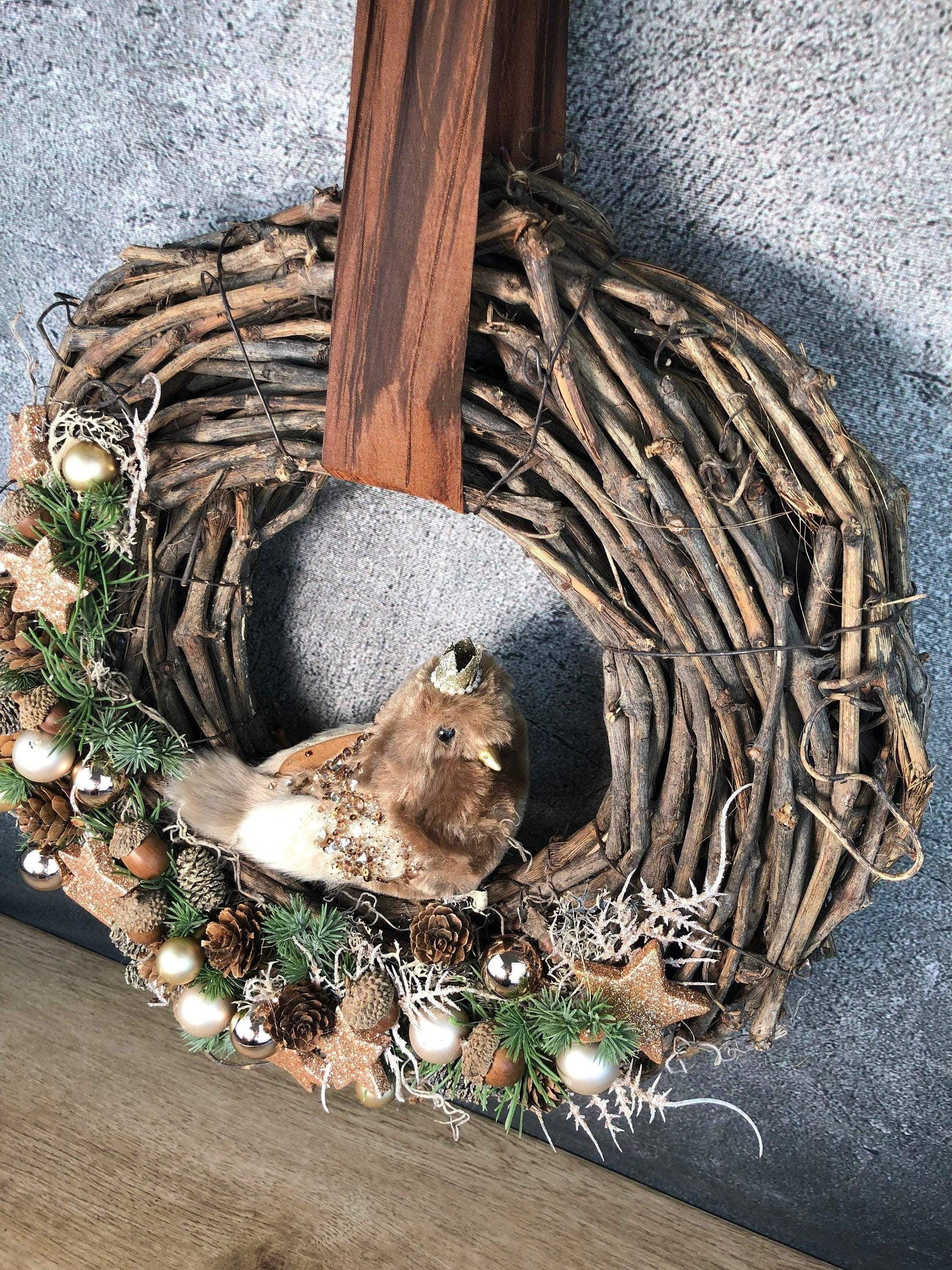 Advent Türkranz Türdeko Türschmuck Weihnachten Vogel Eule Kautz Moos Weide Zapfen mit LED – handgemacht aus Seiden- und Kunstblumen, langlebig & pflegeleicht von SarahsFlowerStudio
