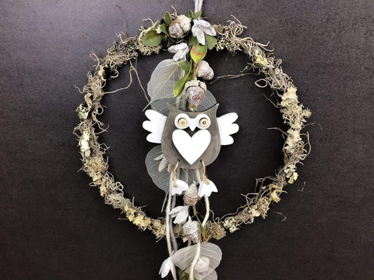 Türkranz Herbst Herbstlich Türschmuck Modern Eule Wunschgröße Tür Schmuck ganzjährig Boho Eicheln Filz Natur Moos Skelettblätter Buchecker – handgemacht aus Seiden- und Kunstblumen, langlebig & pflegeleicht von SarahsFlowerStudio