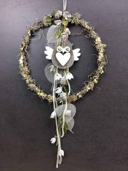 Türkranz Herbst Herbstlich Türschmuck Modern Eule Wunschgröße Tür Schmuck ganzjährig Boho Eicheln Filz Natur Moos Skelettblätter Buchecker – handgemacht aus Seiden- und Kunstblumen, langlebig & pflegeleicht von SarahsFlowerStudio