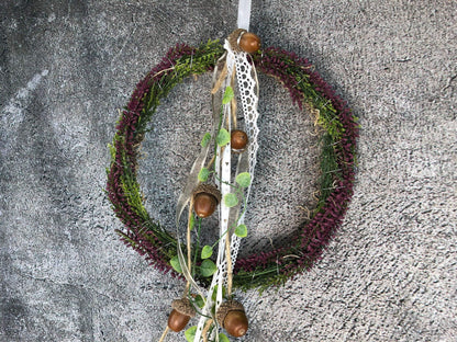 Türkranz Heide Erika Herz Eicheln Eichel Herbst Herbstlich Türschmuck Modern Wunschfarbe Wunschgröße Tür Schmuck ganzjährig – handgemacht aus Seiden- und Kunstblumen, langlebig & pflegeleicht von SarahsFlowerStudio