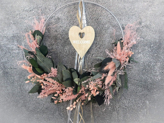 Türkranz Welcome Herz Kranz Ring Eukalyptus Gräser Wandkranz Trockenblumen Natur natürlich Hoop Herbst Herbstlich – handgemacht aus Seiden- und Kunstblumen, langlebig & pflegeleicht von SarahsFlowerStudio