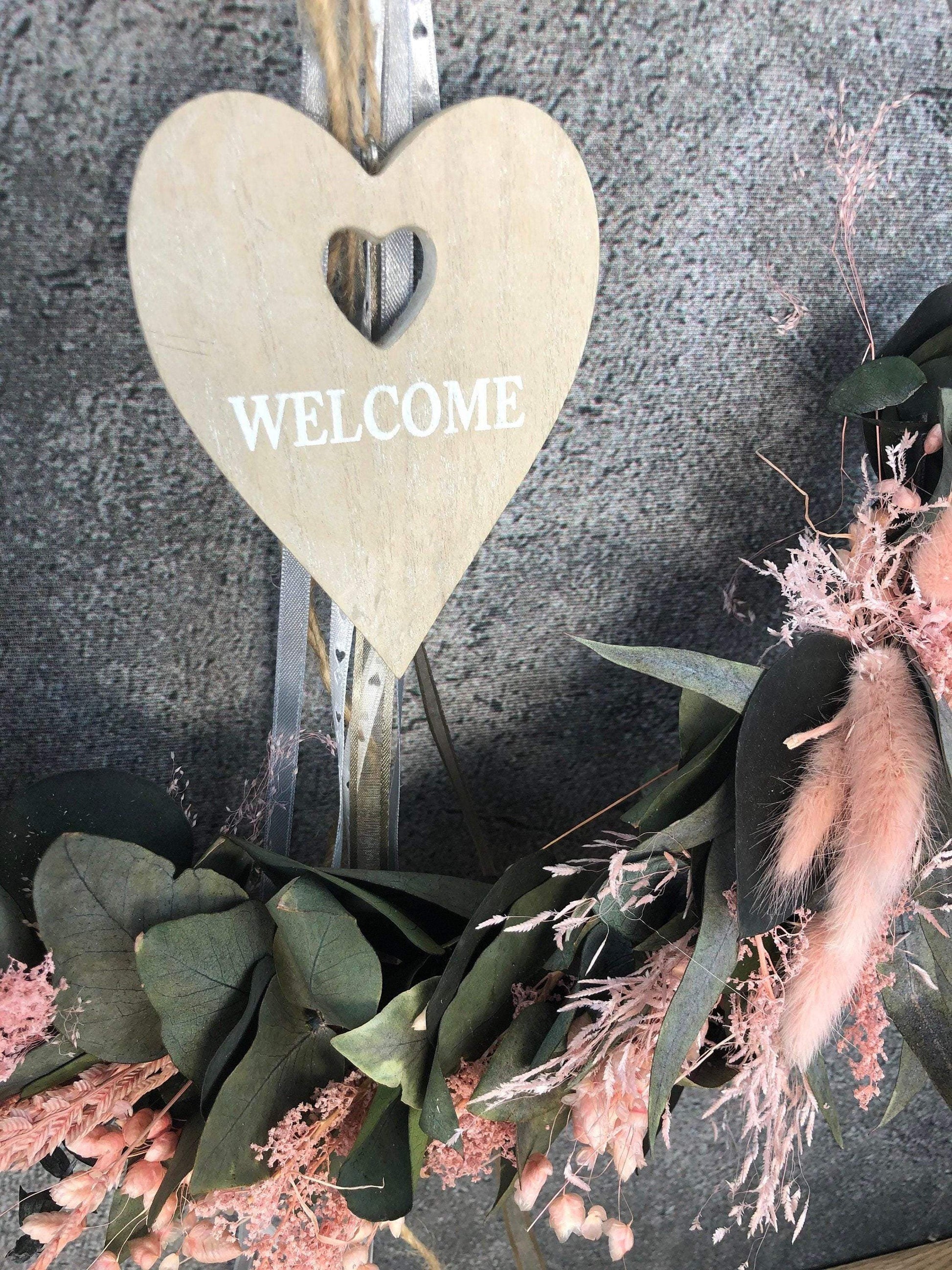 Türkranz Welcome Herz Kranz Ring Eukalyptus Gräser Wandkranz Trockenblumen Natur natürlich Hoop Herbst Herbstlich – handgemacht aus Seiden- und Kunstblumen, langlebig & pflegeleicht von SarahsFlowerStudio