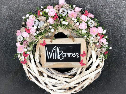 Türkranz Türdeko Türschmuck Tafel Willkommen Modern ganzjährig Tür Schmuck Schmetterling Herbst – handgemacht aus Seiden- und Kunstblumen, langlebig & pflegeleicht von SarahsFlowerStudio