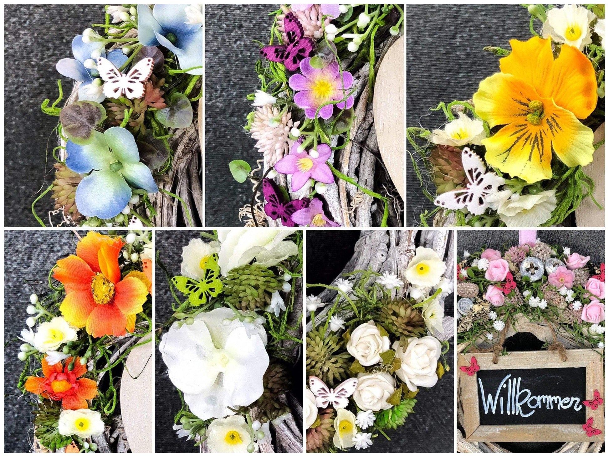 Türkranz Türdeko Türschmuck Tafel Willkommen Modern ganzjährig Tür Schmuck Schmetterling Herbst – handgemacht aus Seiden- und Kunstblumen, langlebig & pflegeleicht von SarahsFlowerStudio