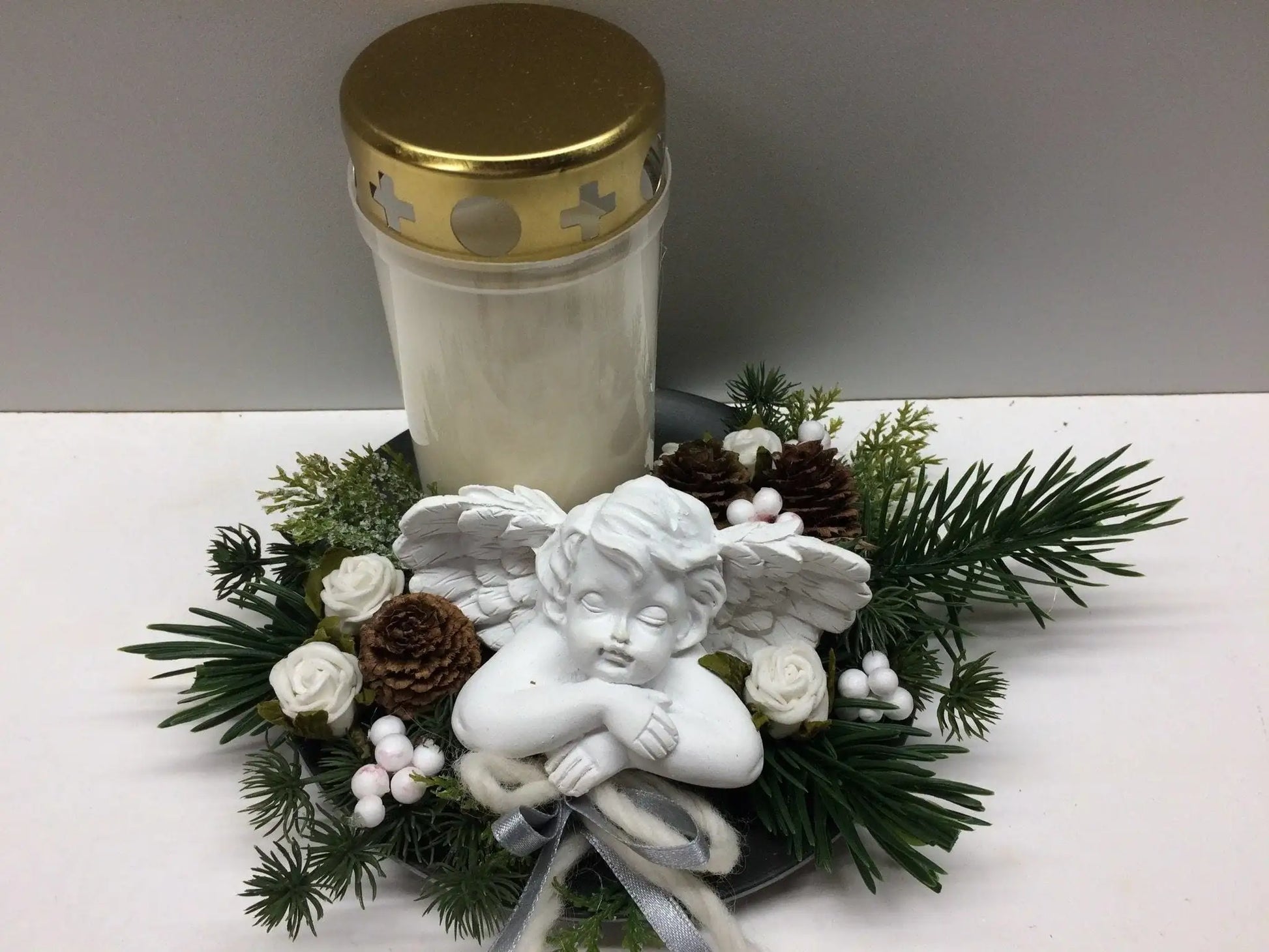Grabgesteck Grabschmuck Allerheiligen mit Kerze 22cm Grabdekoration Grabschmuck Allerheiligen – handgemacht aus Seiden- und Kunstblumen, langlebig & pflegeleicht von SarahsFlowerStudio