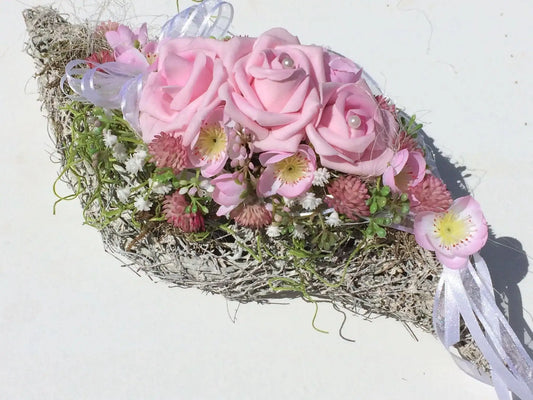 Grabgesteck Grabschmuck Gesteck Grab Rose Schleierkraut Band Kirschblüten Grave Arrangument grave flowers longlasting – handgemacht aus Seiden- und Kunstblumen, langlebig & pflegeleicht von SarahsFlowerStudio