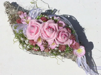 Grabgesteck Grabschmuck Gesteck Grab Rose Schleierkraut Band Kirschblüten Grave Arrangument grave flowers longlasting – handgemacht aus Seiden- und Kunstblumen, langlebig & pflegeleicht von SarahsFlowerStudio