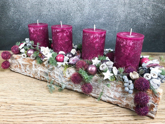 Adventskranz Adventskalender Modern Länglich Beere Erika Sterne Eicheln Zapfen – handgemacht aus Seiden- und Kunstblumen, langlebig & pflegeleicht von SarahsFlowerStudio