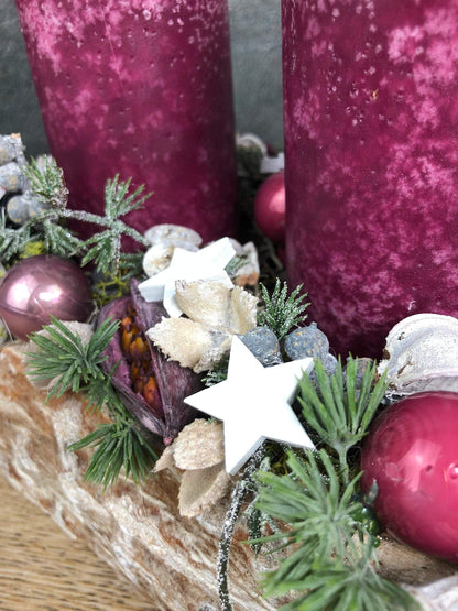 Adventskranz Adventskalender Modern Länglich Beere Erika Sterne Eicheln Zapfen – handgemacht aus Seiden- und Kunstblumen, langlebig & pflegeleicht von SarahsFlowerStudio