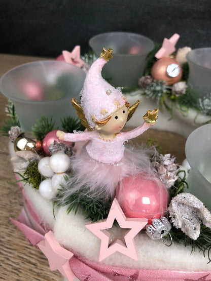 Adventskranz Adventskalender Engel Stern Rosa Zapfen Glitzer Frost mehrjährig rund – handgemacht aus Seiden- und Kunstblumen, langlebig & pflegeleicht von SarahsFlowerStudio