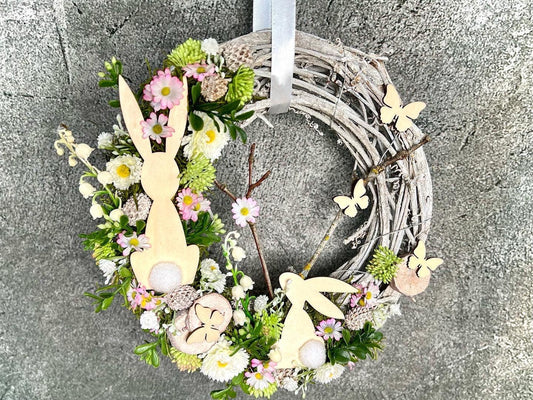 Türkranz Frühling Schleierkraut mit Hasen – Wunschfarbe Seidenblumen – Türkranz – SarahsFlowerStudio