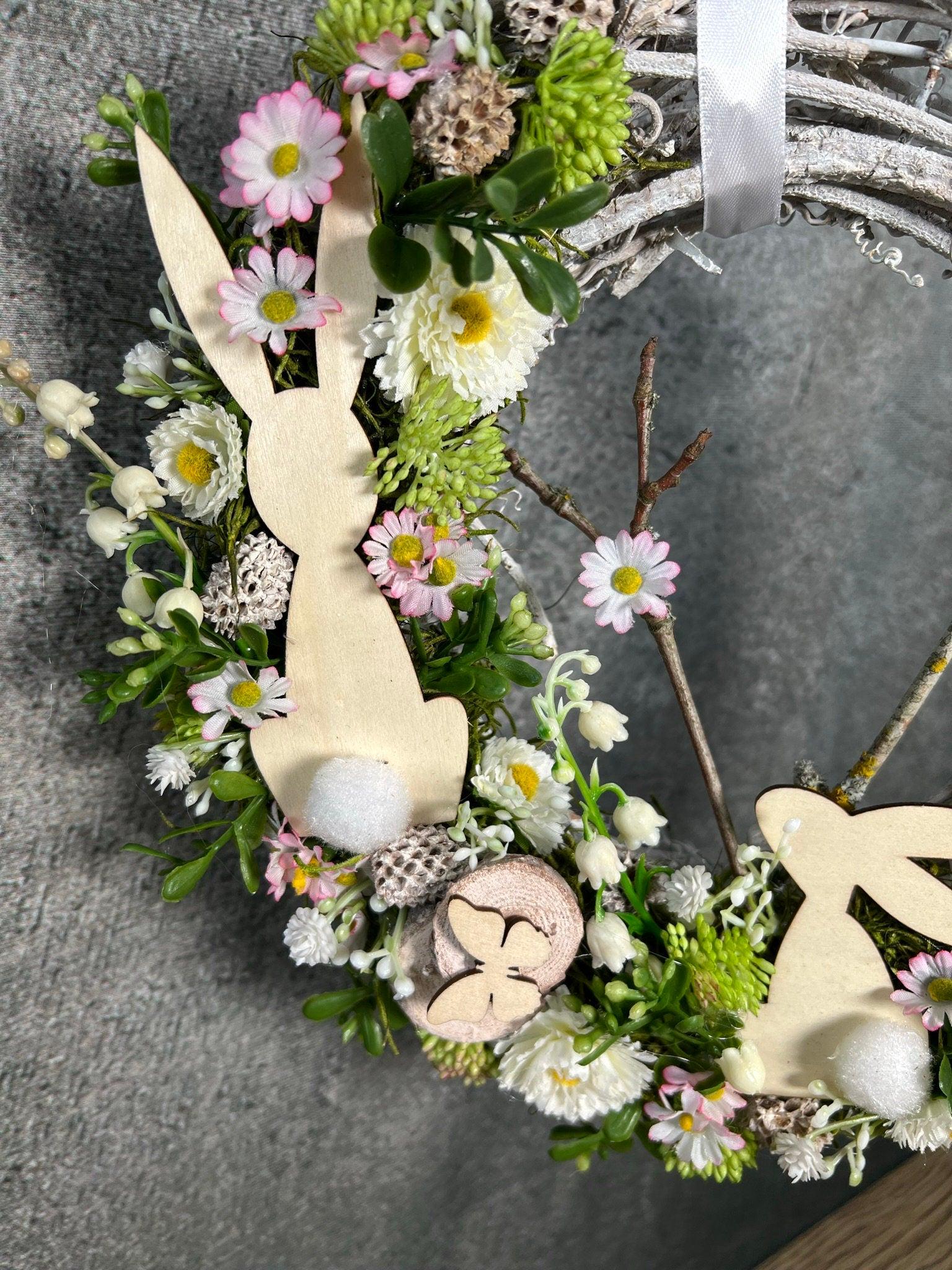 Türkranz Frühling Schleierkraut mit Hasen – Wunschfarbe Seidenblumen – Türkranz – SarahsFlowerStudio
