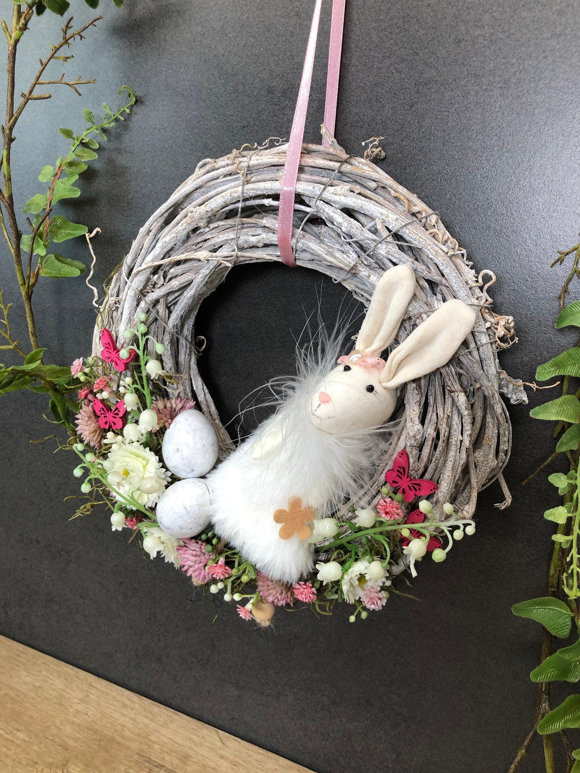 Türkranz Frühling mit Hasen & Maiglöckchen – Osterkranz Seidenblumen handgefertigt – Türkranz – SarahsFlowerStudio