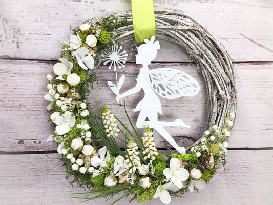 Türkranz Kirschblüten mit Fee – moderner Frühlingskranz Seidenblumen ganzjährig – Türkranz – SarahsFlowerStudio