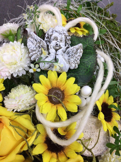 Grabgesteck Grabschmuck Herz Rosen Sonnenblumen Astern Birkenscheiben Filz Draht Engel Grabdekoration Grabschmuck Allerheiligen – handgemacht aus Seiden- und Kunstblumen, langlebig & pflegeleicht von SarahsFlowerStudio