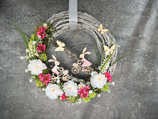 Frühlingskranz Türdeko mit Hasen, Eiern & Schleierkraut – Seidenblumen Osterkranz – Türkranz – SarahsFlowerStudio