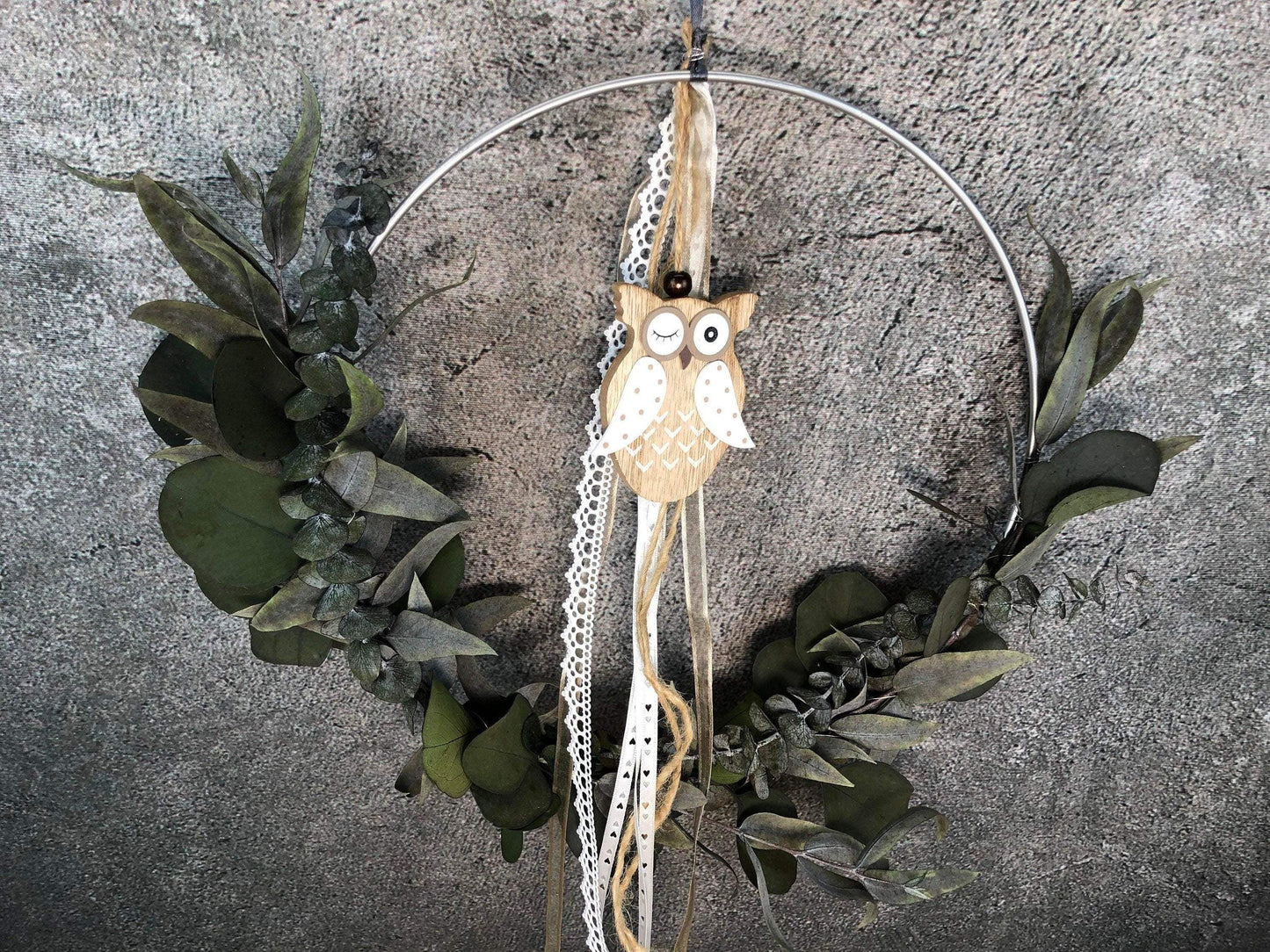 Türkranz Eule Herbst Kranz Ring Eukalyptus Wandkranz Trockenblumen Natur natürlich Hoop Herbst Herbstlich – handgemacht aus Seiden- und Kunstblumen, langlebig & pflegeleicht von SarahsFlowerStudio