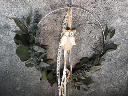Türkranz Eule Herbst Kranz Ring Eukalyptus Wandkranz Trockenblumen Natur natürlich Hoop Herbst Herbstlich – handgemacht aus Seiden- und Kunstblumen, langlebig & pflegeleicht von SarahsFlowerStudio