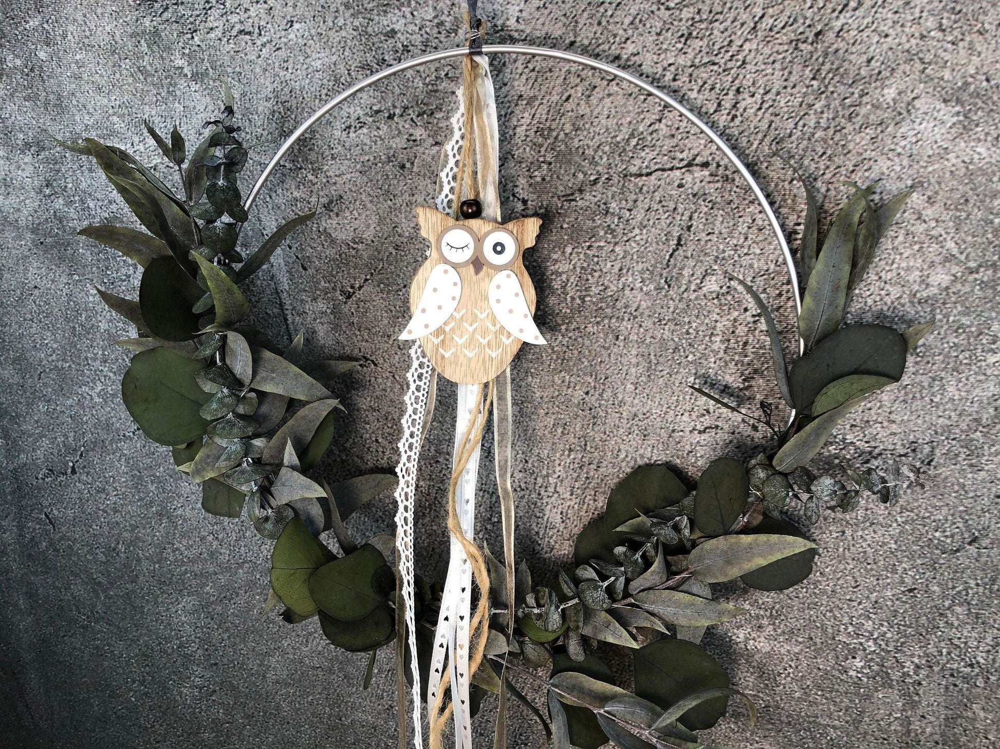 Türkranz Eule Herbst Kranz Ring Eukalyptus Wandkranz Trockenblumen Natur natürlich Hoop Herbst Herbstlich – handgemacht aus Seiden- und Kunstblumen, langlebig & pflegeleicht von SarahsFlowerStudio